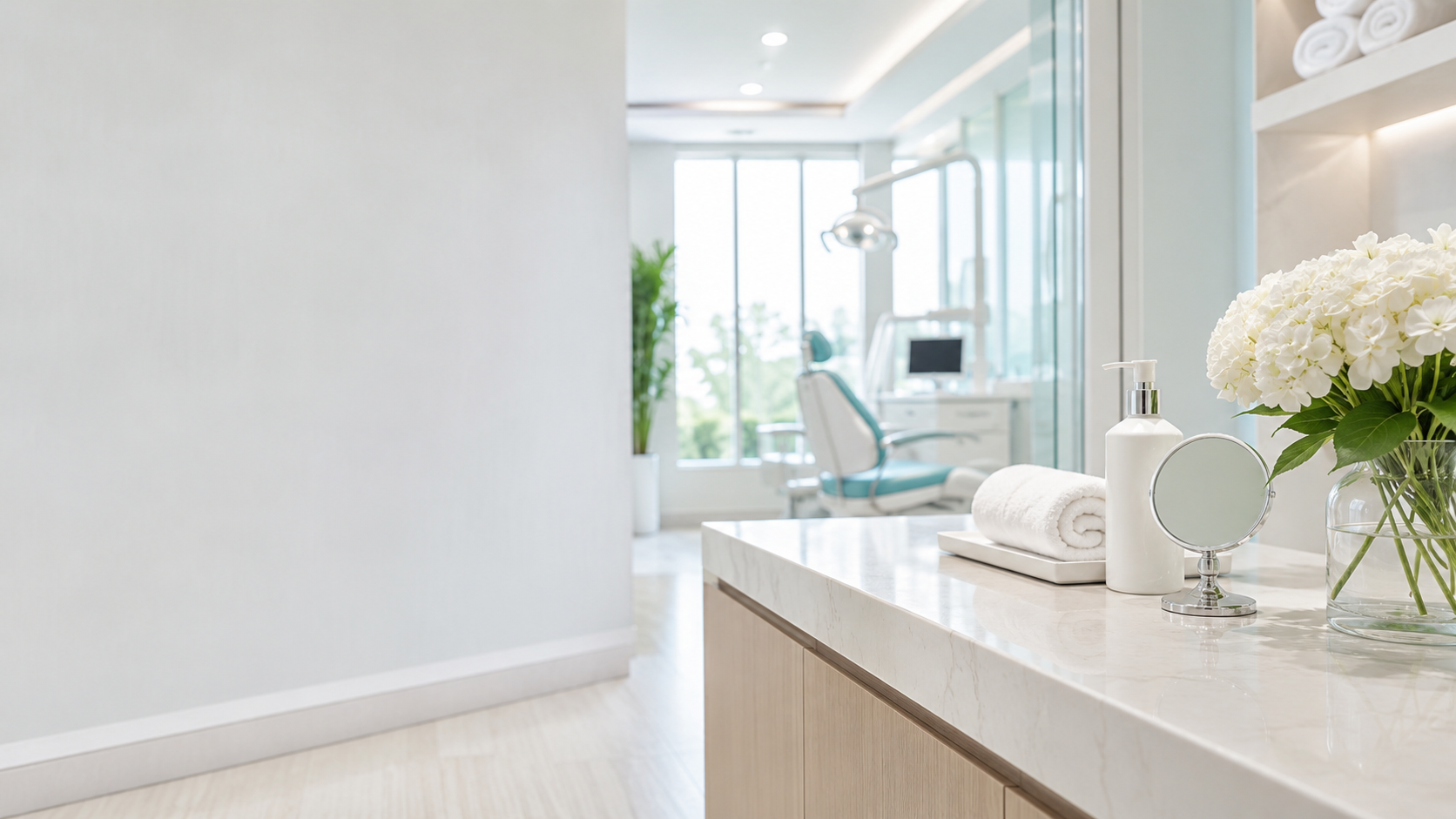Ambiente clínico limpo e profissional para landing page de estética, dentista e saúde
