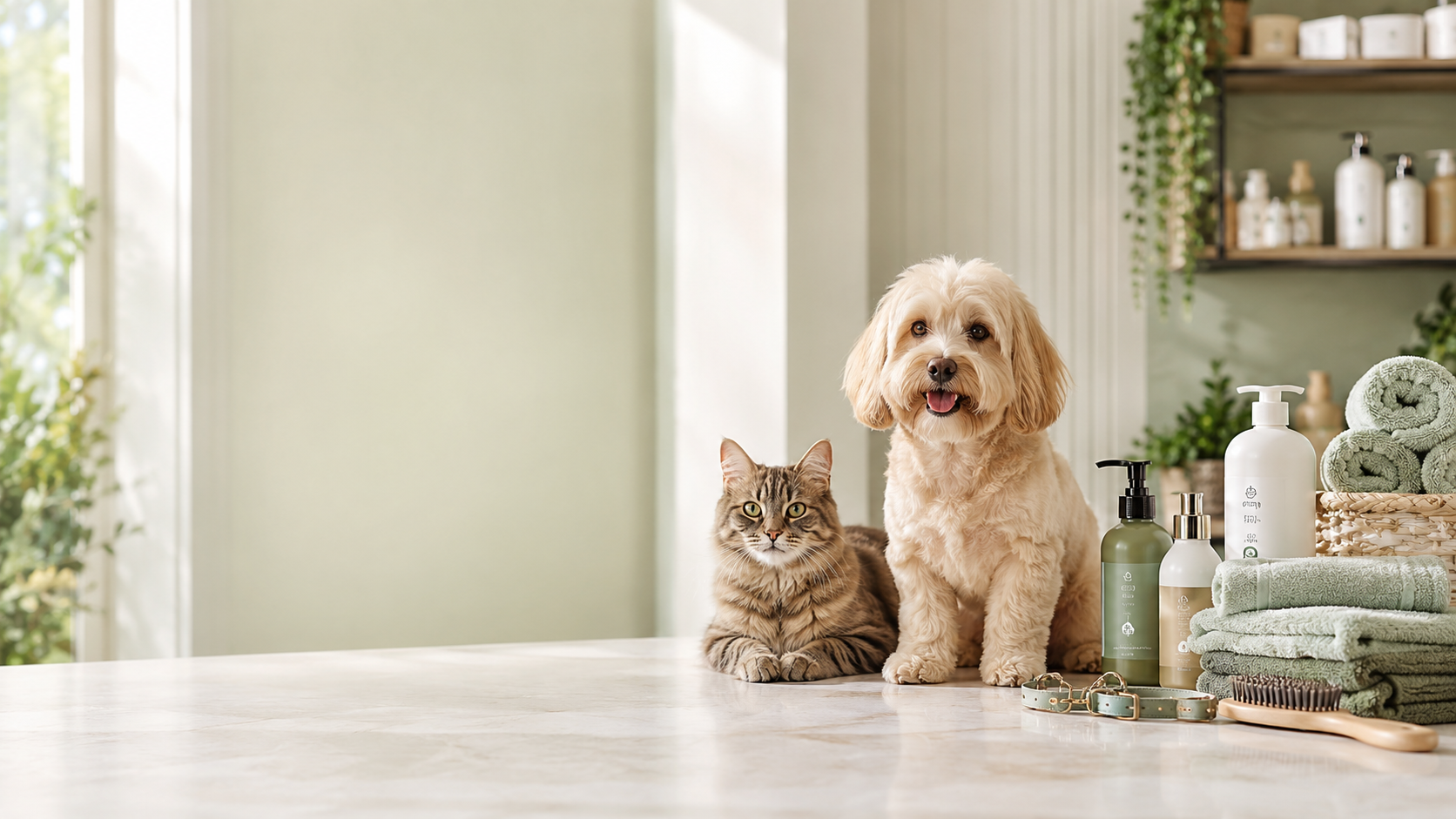 Pet shop limpo e profissional com produtos e pets, exemplo visual para landing page